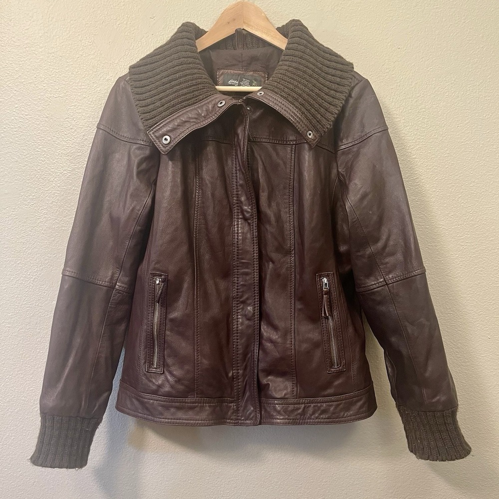 Eddie Bauer Women's Leather Jacket Knit Collar & Cuffs Brown Sz XL FLAW- READ‎